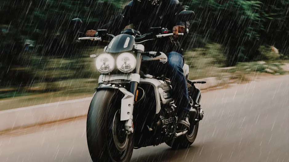 Image of the headlights of a motorcycle in the rain