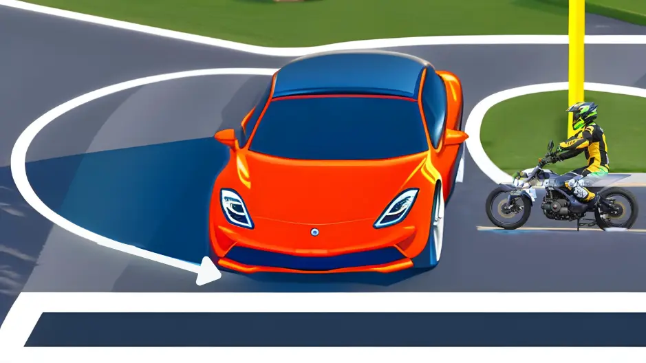 Illustration of the concept of the lethal left where a car pulls in front of an oncoming motorcycle