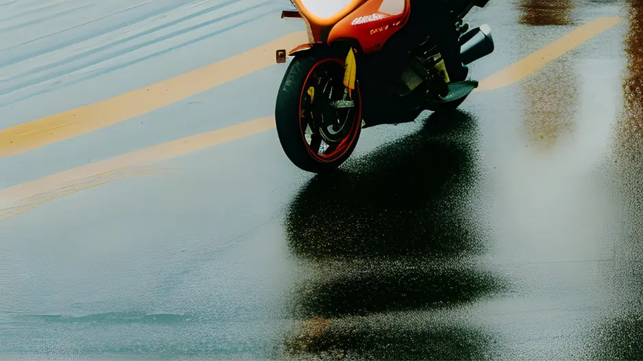 Image of a motorcycle riding on wet asphalt