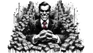 Watercolor Splash image of a greedy insurance adjuster sitting in piles of cash