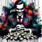 Watercolor splash image of a greedy insurance executive and a pile of money