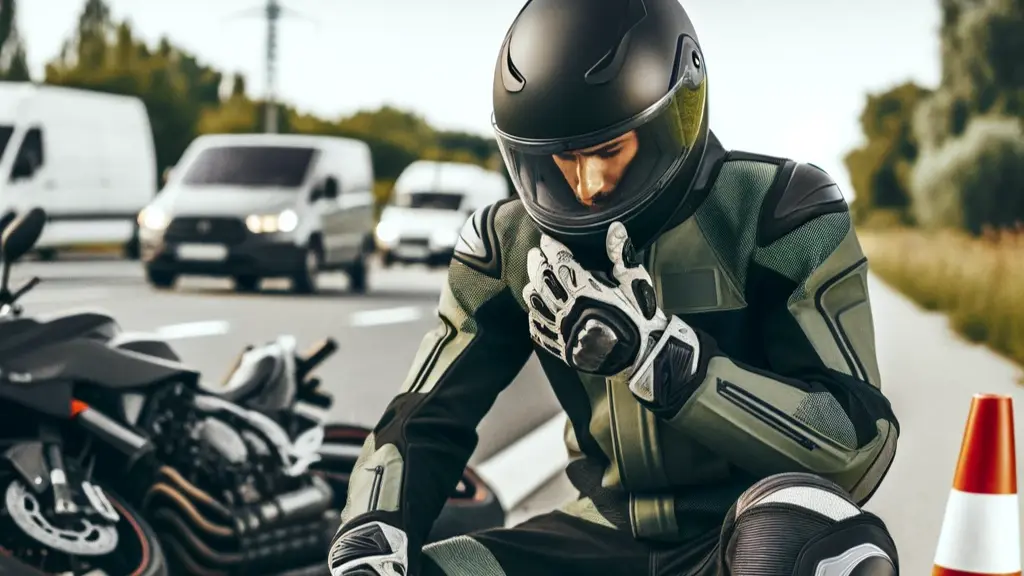 Image of a biker contemplating the aftermath of a crash