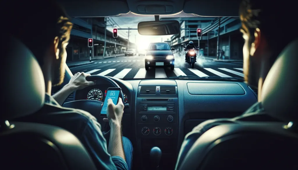 View from the back seat of a car as a distracted driver is about to crash.