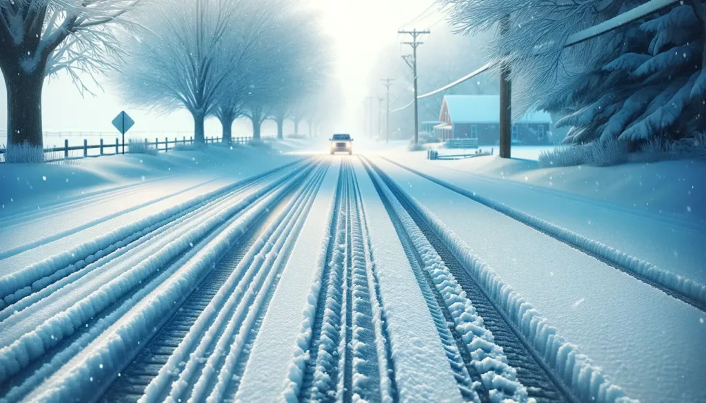 A-snowy-road-with-visible-car-tracks-emphasizing-safety-and-caution-during-winter-conditions.-The-scene-captures-a-typical-winter-road-in-Iowa