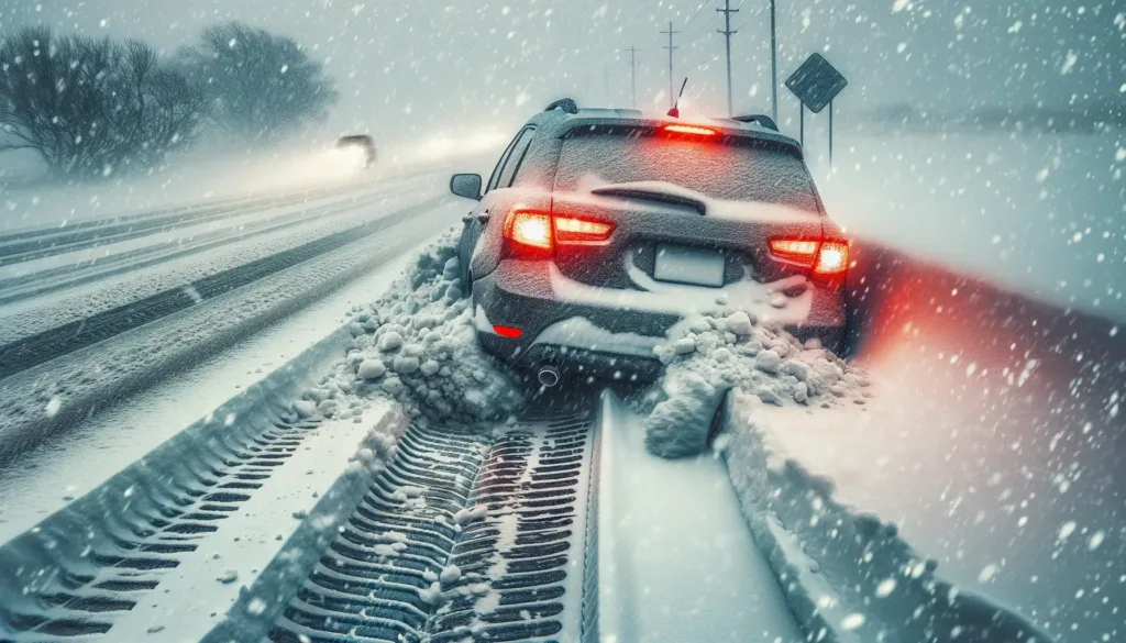 A-highway-scene-during-a-snowstorm-showing-tire-tracks-leading-into-a-snow-bank-in-the-ditch-next-to-the-road after dealing with winter storm road conditions