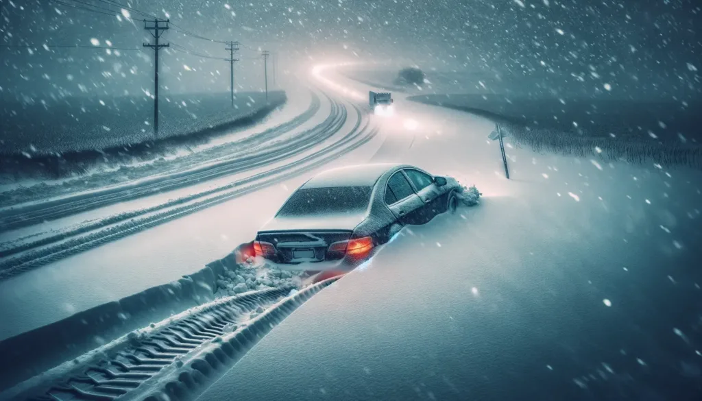 Image of a car that has driven off the road during a severe snowstorm in Iowa