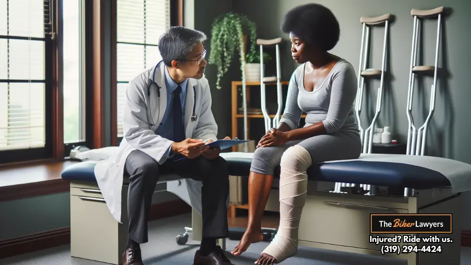 AI Generated image of an African American woman consulting with a doctor after a slip and fall resulting in leg injuries.