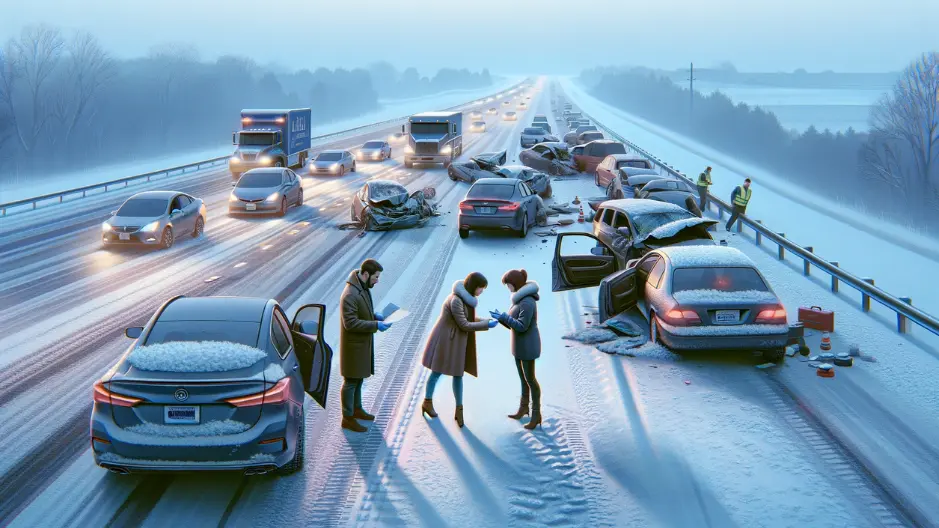 Drivers exchange insurance and contact information after a multi-car accident due to a snowstorm on I-80 in Iowa