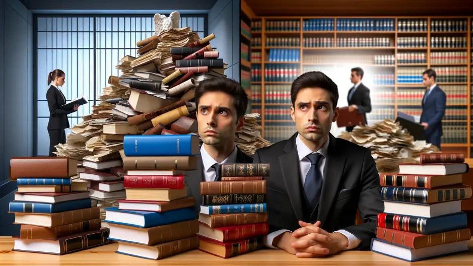 Image of two young lawyers, fresh out of law school with piles of legal books in front of them and documents behind them symbolizing how much there is to know when it comes to general law