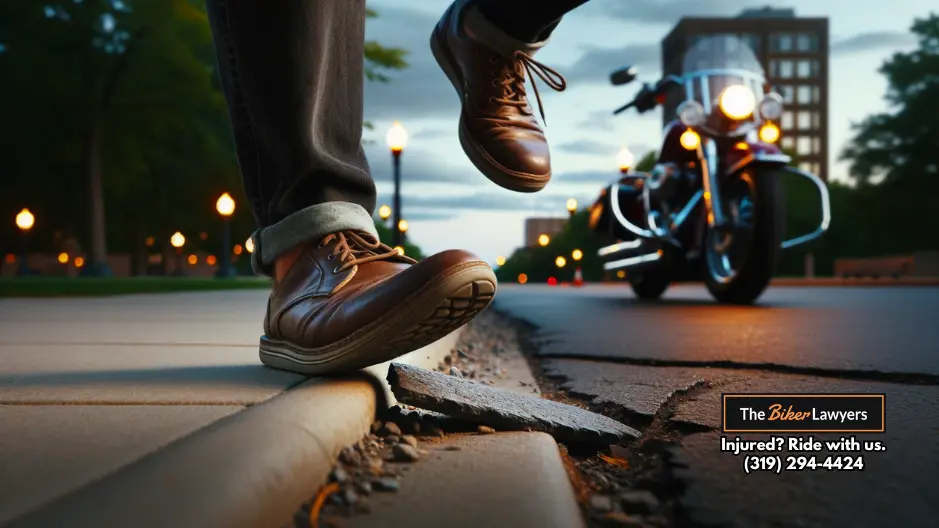 AI Generated close-up image of a person tripping on uneven pavement resulting in a slip and fall personal injury
