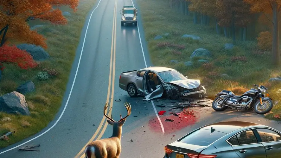 Scene of a car accident with a deer, motorcycle, and several cars