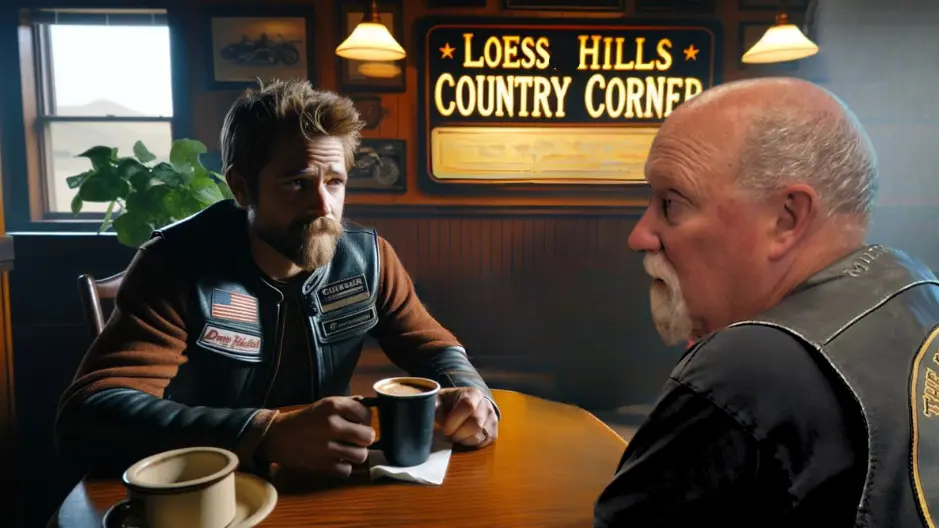Image of Dan Matzdorff talking with a biker at a diner
