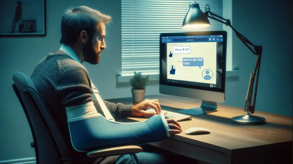 A man with a broken arm sits at a computer having a private text conversation about how he is feeling.