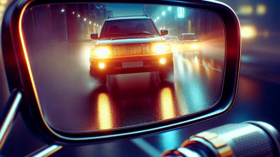 Image of the headlights of a car as seen through the reflection in a rearview mirror of a motorcycle
