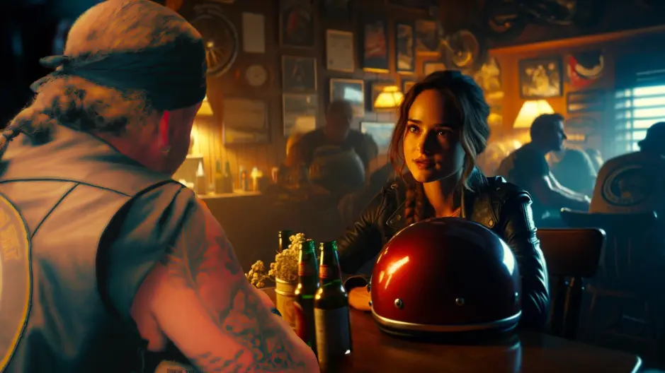 Image of Pete Leehey at a biker bar talking to an injured biker