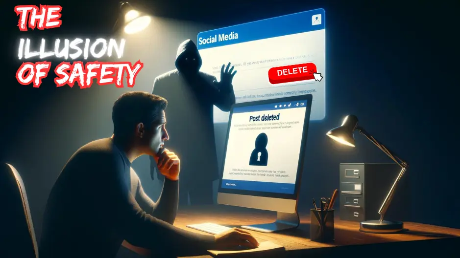 Digital art depicting a shadowy figure inspecting social media history to find posts that have been deleted.