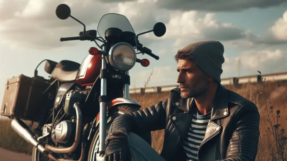 Image of a biker on the side of a highway with his motorcycle as he contemplates next steps after a close call with a car tailgating him.