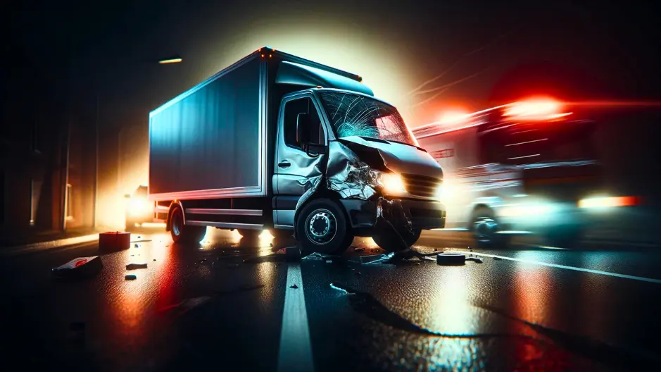 Digital art image of a commercial vehicle involved in the scene of an accident.