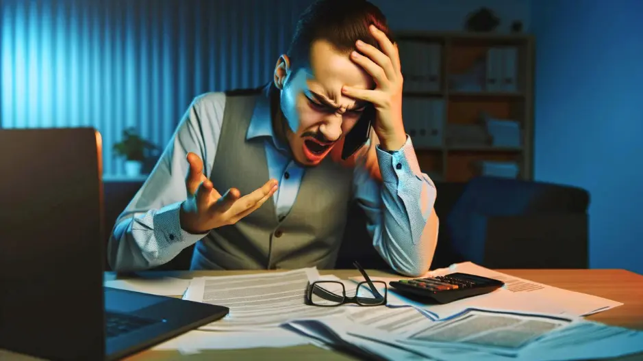 Image of a frustrated man as he tries to negotiate with an insurance company over the phone