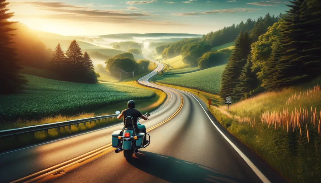 Image of a biker riding down Linclon Highway towards a Midwest Motorcycle Event