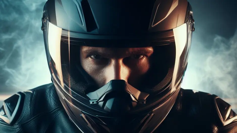 Stylized cinematic close-up image of a man wearing a motorcycle helmet.