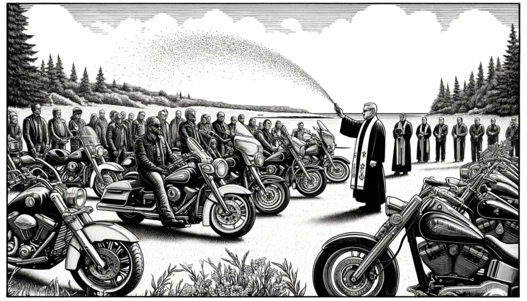 hedcut style illustration of a blessing of the bikes event in Iowa