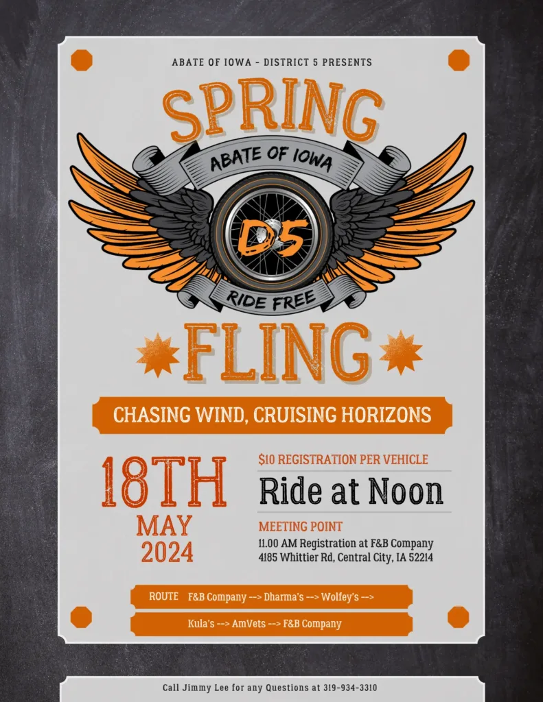 Digital flyer promoting the 2024 ABATE of Iowa D5 Spring Fling Ride