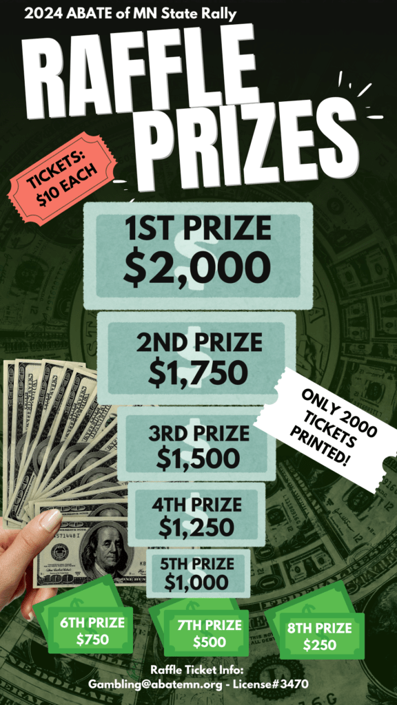 Infographic featuring information about the 2024 Abate of MN rally Raffle prizes. graphics and contact information provided on embedded page.