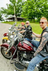 Image of The Biker Lawyers on motorcycles preparing to ride to a biker event