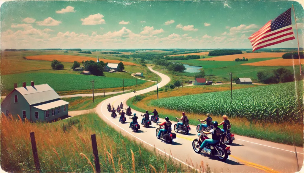 Image of a group of bikers riding down a country road in Iowa