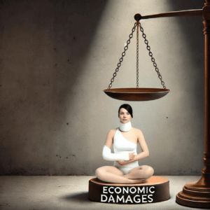 A woman with bandages sits on a platform that reads 