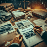 A cluttered desk covered in various types of evidence related to an auto accident being investigated by The Biker Lawyers
