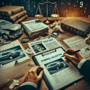A cluttered desk covered in various types of evidence related to an auto accident being investigated by The Biker Lawyers