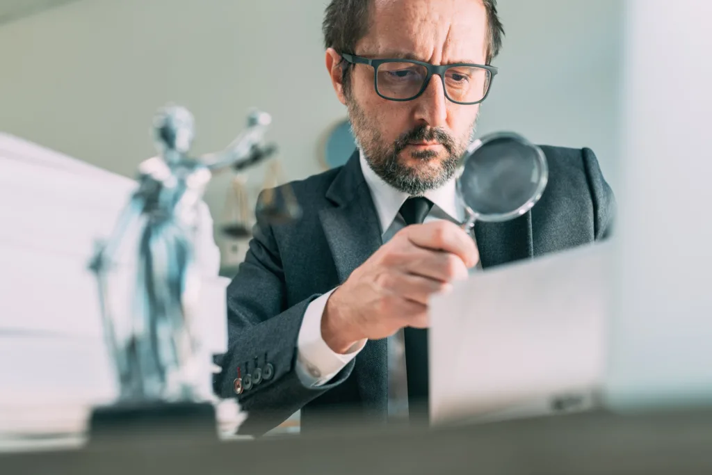 A serious-looking judge in a suit closely examines a document using a magnifying glass. A statue of Lady Justice is visible on the desk, symbolizing the legal profession and attention to detail in legal matters.