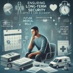 A thoughtful person sitting in a calm, minimalist setting, contemplating their future, representing the importance of ensuring long-term security after a car accident.