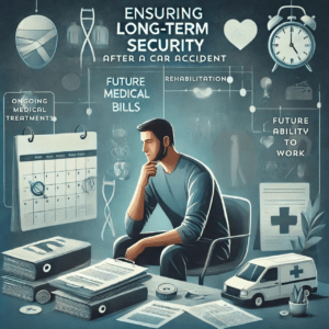 A thoughtful person sitting in a calm, minimalist setting, contemplating their future, representing the importance of ensuring long-term security after a car accident.