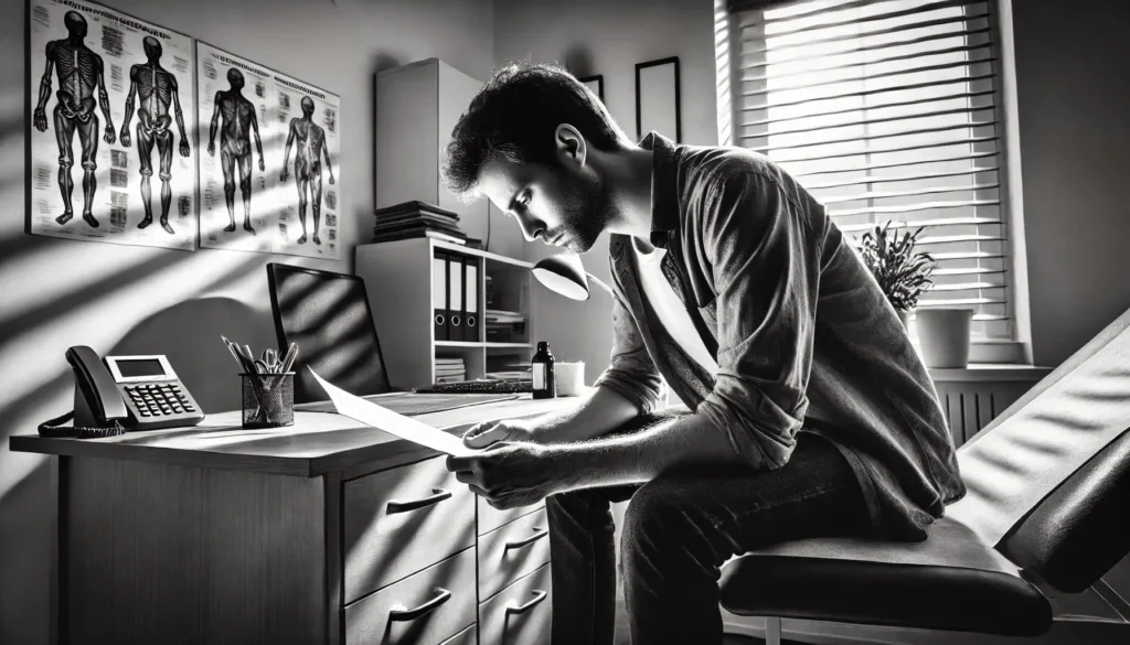 A distressed individual sits in a doctor's office with eyes closed, reviewing paperwork. The high-contrast black and white image emphasizes deep shadows, highlighting the emotional struggle and tension in the scene. The office setting, with minimal distractions, focuses on the individual's sense of anxiety and emotional distress.