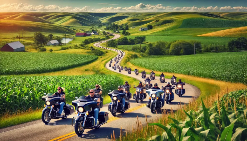 Motorcyclists riding through the countryside in Iowa