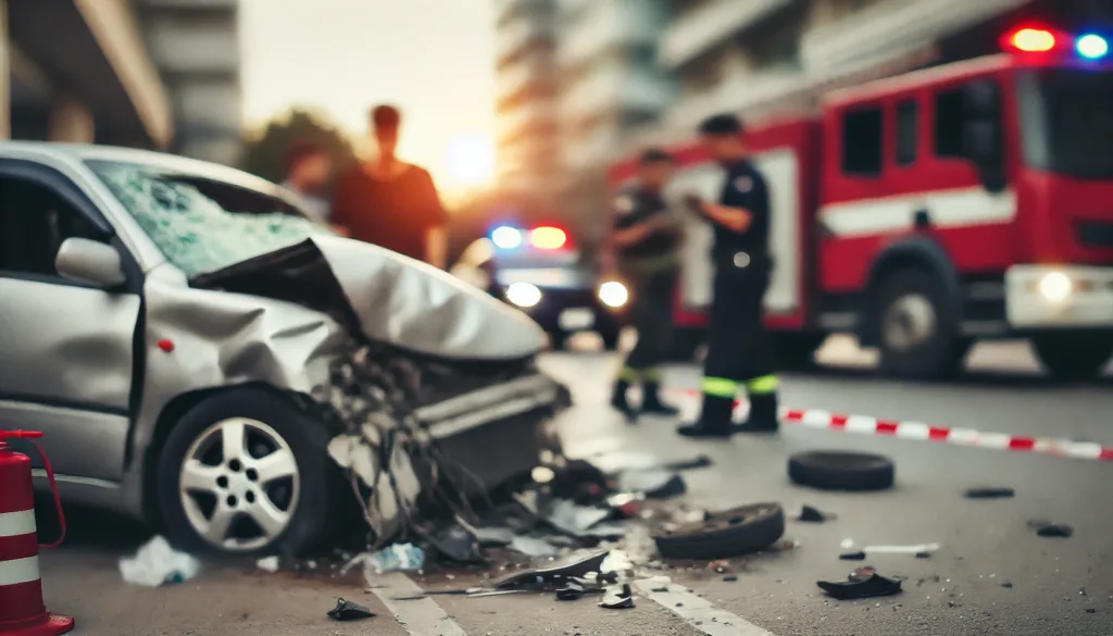 A slightly blurred photo of a car accident scene, focusing on the aftermath rather than the moment of impact.