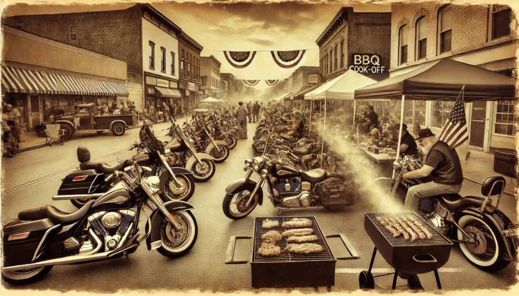 A vintage-style scene of a bike night and BBQ cook-off on the main street of a small Midwestern town. The image has a nostalgic, sepia tone, and the background features classic buildings, capturing the atmosphere of a community event.