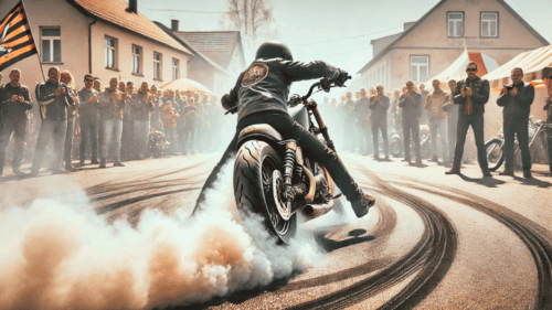 Biker performing a burnout during a motorcycle contest in a small town, with smoke rising from the rear tire and spectators cheering in the background.