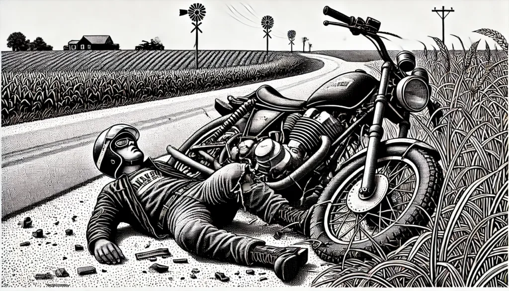  A detailed black-and-white illustration in a hedcut-inspired style showing a biker laying injured on the ground next to a damaged motorcycle