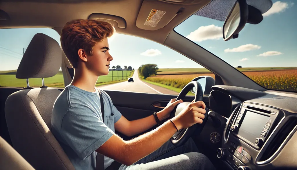Illustration of a teenage boy driving a car through the intersection of a highway
