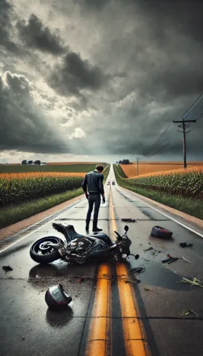 Motorcyclist moves to safety after an accident on a rural Iowa highway, ensuring their safety away from traffic before assessing the situation. The Biker Lawyers.
