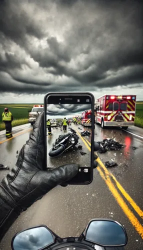 Motorcyclist takes pictures of the accident scene, documenting damage to their bike and surrounding area to support their motorcycle accident claim. The Biker Lawyers.