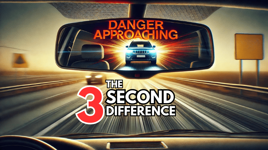 stylistic first-person image of a rearview mirror with headlights and the words "Danger Approaching" followed by the text "The 3 Second Difference"