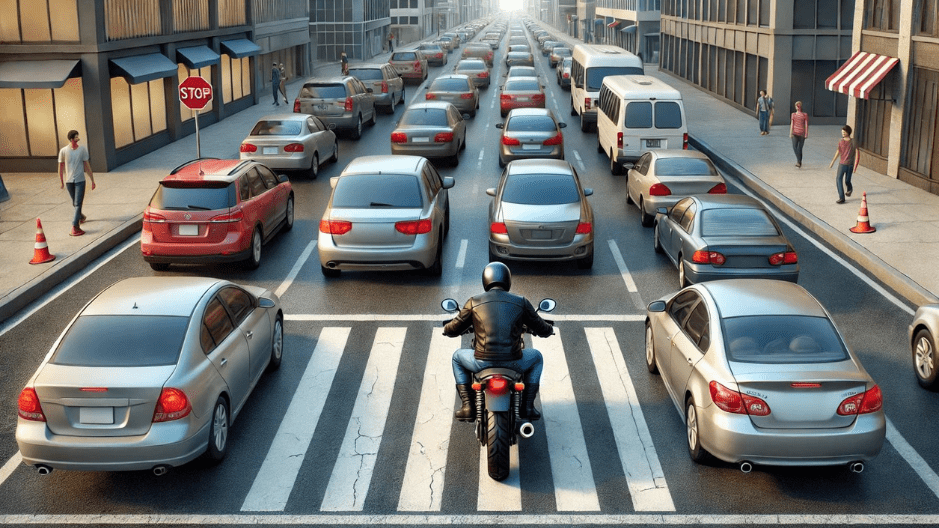 Illustration demonstrating a motorcyclist preparing to practice lane filtering in a big city in Minnesota