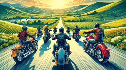 Bikers riding down a picturesque Midwest road during the fall season, surrounded by rolling green hills and bright autumn skies.