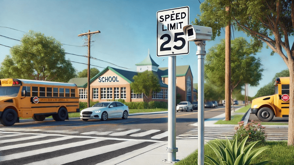 Illustration of a speed camera located in a school zone