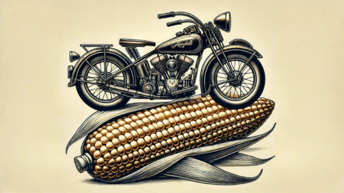 A stylized vintage motorcycle resting on a large ear of corn, inspired by Midwestern motorcycle artwork. The motorcycle features intricate details from the 1950s era, with a lowered seat and retro design, sitting atop a detailed corn husk with golden kernels. The background is clean and minimal, drawing attention to the nostalgic aesthetic of the motorcycle and corn.